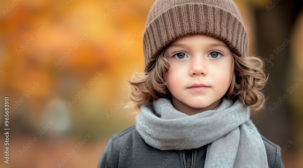 Un petit garçon âgé de 5 ans portant des vêtements d'automne comprenant une veste, une écharpe et un bonnet, dehors dans un parc, image avec espace pour texte. Un petit garçon âgé de 5 ans portant des vêtements d'automne comprenant une veste, une écharpe et un bonnet, dehors dans un parc, image avec espace pour texte.