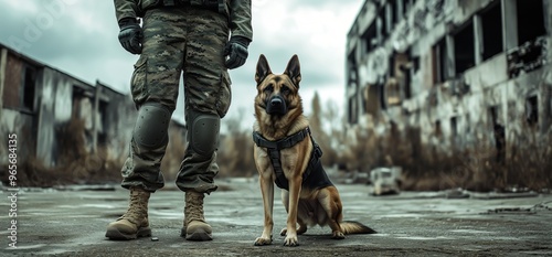 Un chien militaire en tenue complète, de race berger allemand, se tenant assis à côté de son maître, prêt à l'action, sur fond de bâtiment abandonné. photo