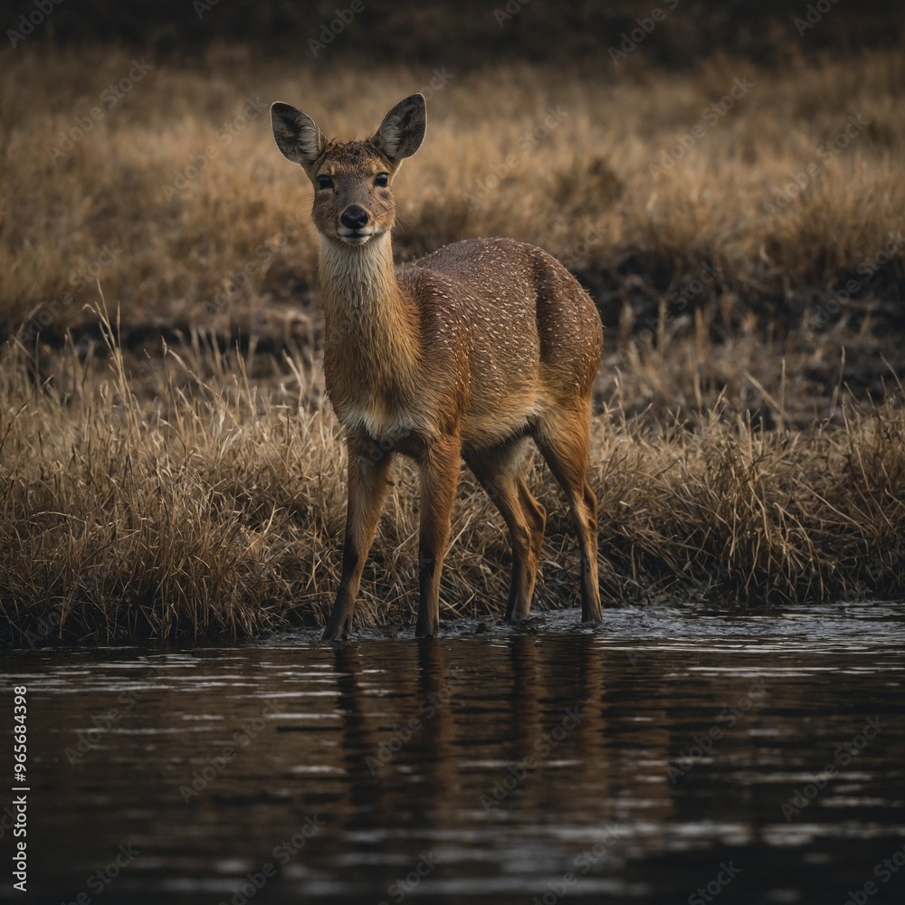 Fototapeta premium The water deer is a small, semi-aquatic deer native to East Asia, particularly China and Korea. It is known for its distinctive long, tusk-like canine teeth that protrude from its upper jaw. Water dee