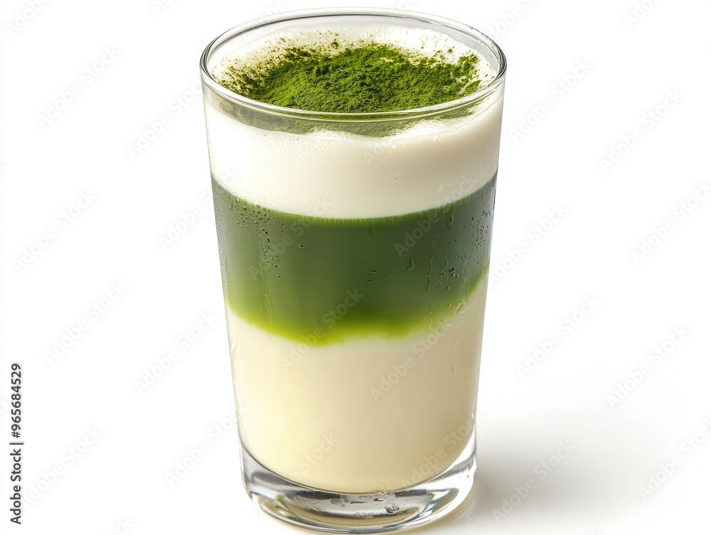 Iced matcha latte with milk layers in glass on white background Iced matcha latte with milk layers in glass on white background