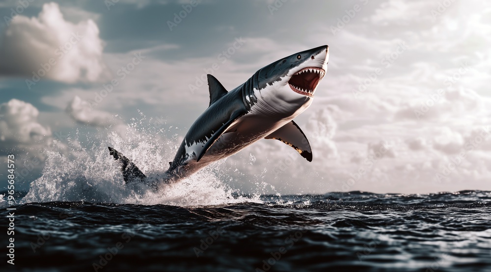 Naklejka premium Un grand requin blanc sautant hors de l'eau, la gueule ouverte, ciel nuageux laissant traverser la lumière du soleil.