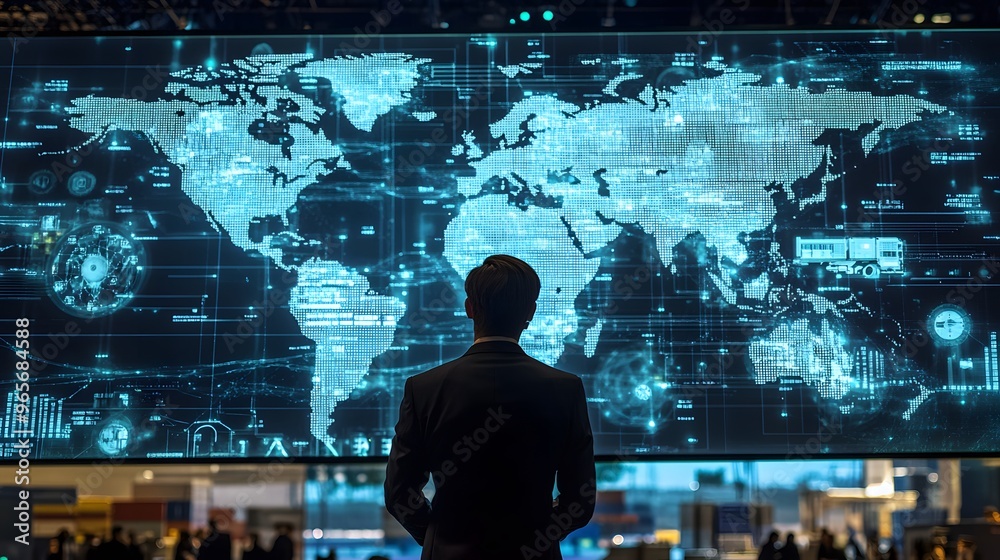 Man in Suit Viewing Digital World Map with Data Overlays Man in Suit Viewing Digital World Map with Data Overlays