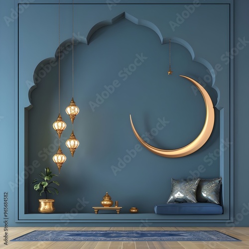 Ramadan crescent on modern blue wall background. Design creative concept of islamic celebration day ramadan kareem or eid al fitr adha, copy space text area, 3D illustration 