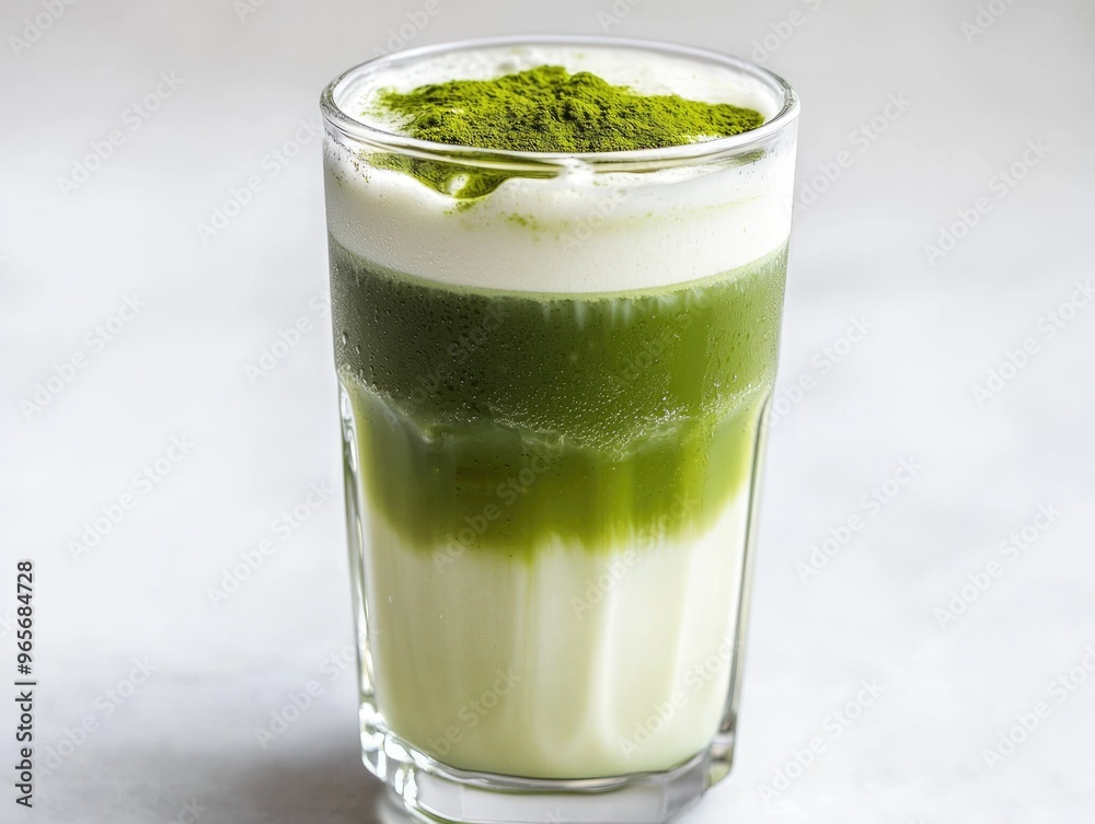 Iced matcha latte with milk layers in glass on white background Iced matcha latte with milk layers in glass on white background