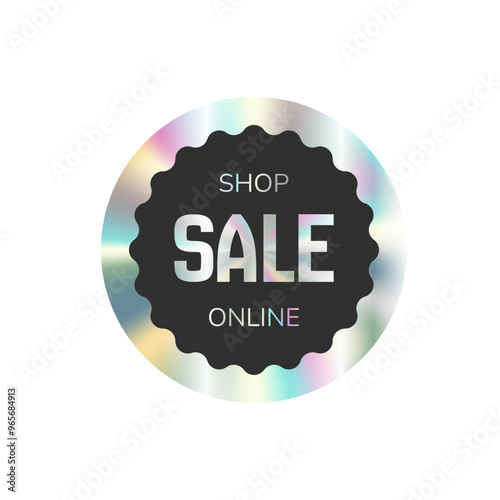 Holographic gradient vector sticker, label sale hologram emblem label for shop online sale premium quality. Web design, e-commercial, great for any products.