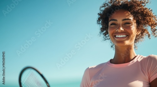 A tennis player in a light pink shirt appears focused and ready to execute a powerful backhand swing, with the clear blue sky in the background enhancing the vigorous action.