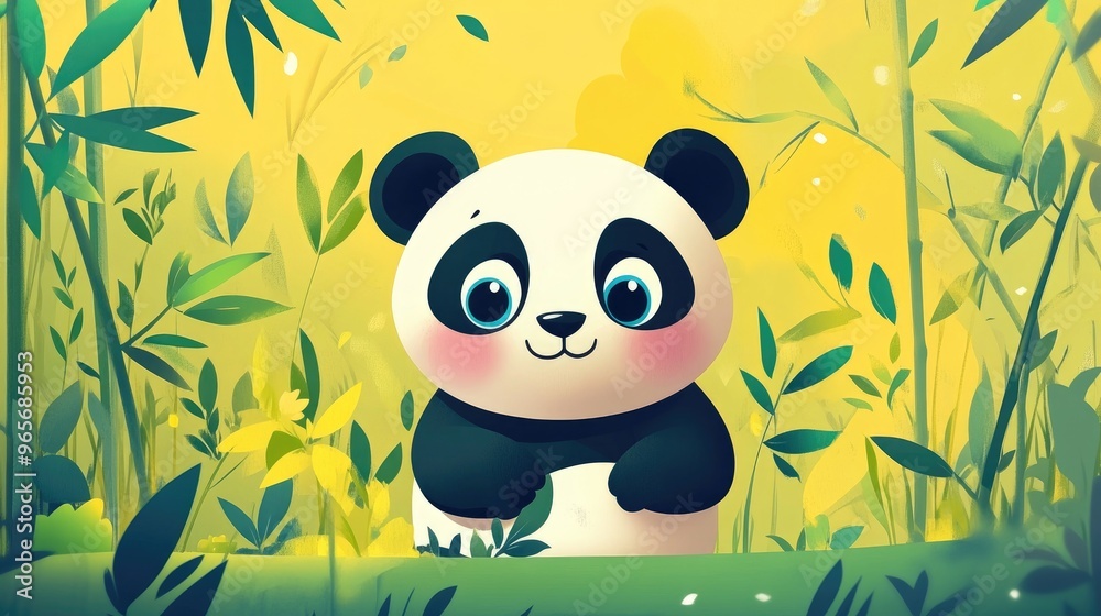 Cute panda with bamboo in a vibrant 2D cartoon style featuring a flat design aesthetic