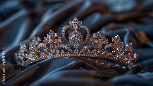 A beautiful tiara with diamonds on a black silk background