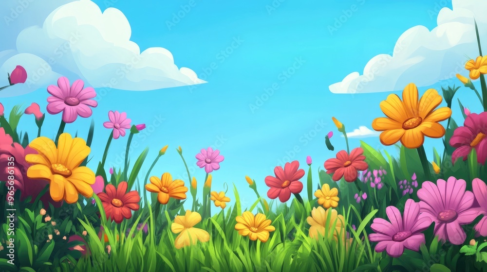 2D cartoon style background depicting a vibrant spring and summer scene featuring colorful flowers and a bright blue sky 2D cartoon style background depicting a vibrant spring and summer scene featuring colorful flowers and a bright blue sky