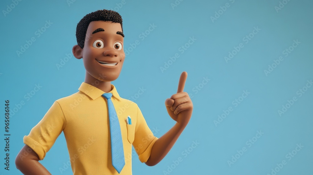 2D render of a cartoon character depicting a young man with light skin wearing a yellow shirt and blue tie pointing with his index finger Humor and recommendation theme 2D render of a cartoon character depicting a young man with light skin wearing a yellow shirt and blue tie pointing with his index finger Humor and recommendation theme