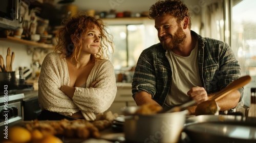 A photo of a couple cooking together in a cozy kitchen, with wooden spoon in hand and various vegetables on the counter, capturing the essence of teamwork and togetherness.