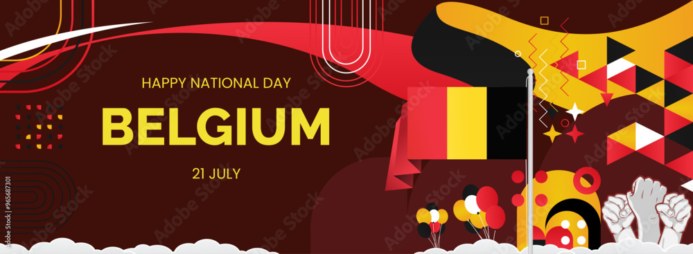 Belgium national day modern banner. Wide abstract banner with typography, raised hands and country flags. Illustration background celebrating national holidays and sporting events