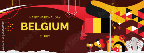 Belgium national day modern banner. Wide abstract banner with typography, raised hands and country flags. Illustration background celebrating national holidays and sporting events