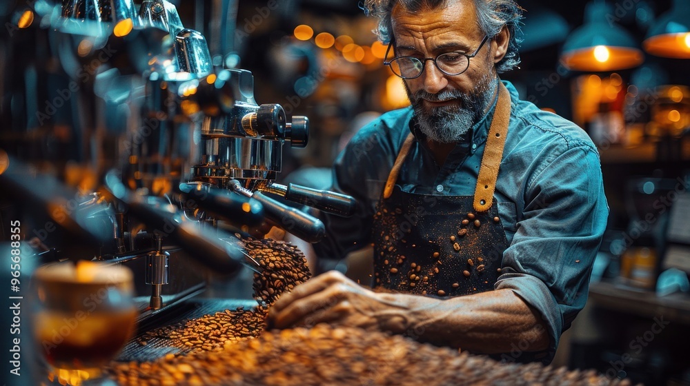 A barista grinding fresh whole coffee beans in a cozy coffee shop A barista grinding fresh whole coffee beans in a cozy coffee shop