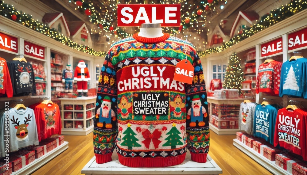 Naklejka premium In a lively holiday shop, vibrant ugly Christmas sweaters are showcased on a mannequin, surrounded by festive decorations and sale signage
