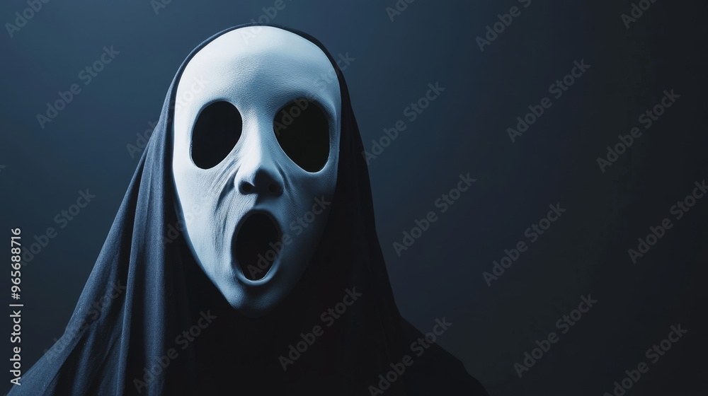 Hooded figure with open-mouthed mask, eerie expression. Halloween horror and mystery theme Hooded figure with open-mouthed mask, eerie expression. Halloween horror and mystery theme