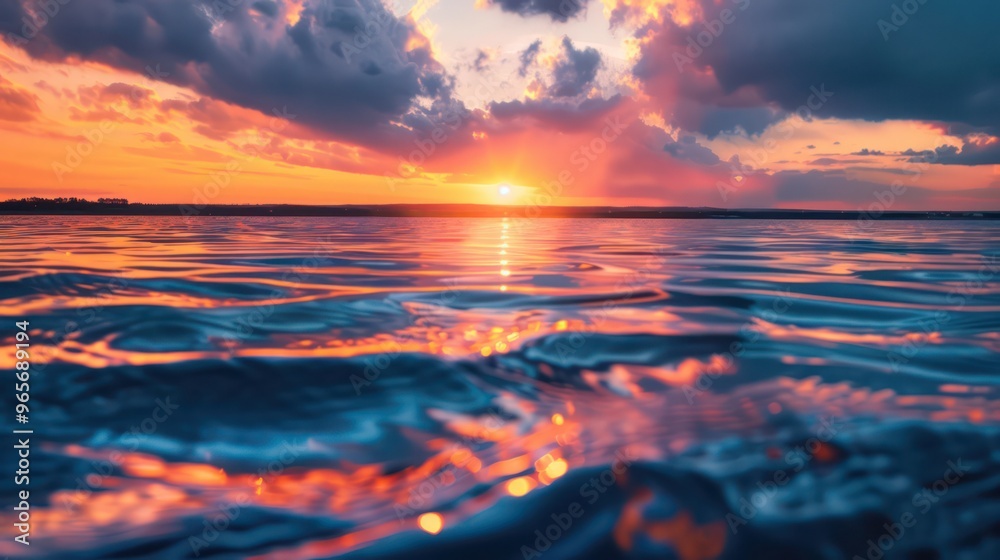 A serene sunset over calm water, reflecting vibrant colors and creating a tranquil atmosphere. A serene sunset over calm water, reflecting vibrant colors and creating a tranquil atmosphere.