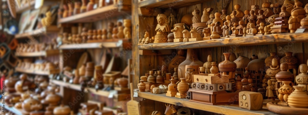 Wooden handcrafted figurines displayed on rustic shelves Wooden handcrafted figurines displayed on rustic shelves
