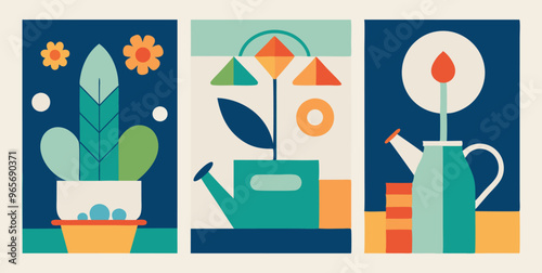 Three posters featuring potted plant, watering can, and flower