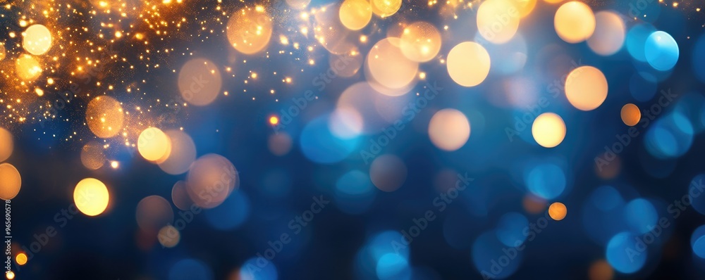 Abstract blurred background with bokeh lights in blue and silver colors, Christmas, birthday, or wedding background banner, posters, cards, flyers, or covers.