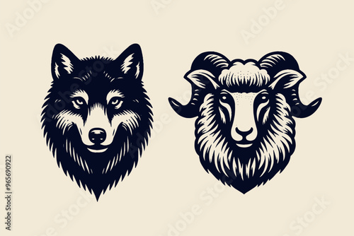 Wolf and sheep. Head, portrait. Vintage retro engraving illustration. Black icon, isolated element	