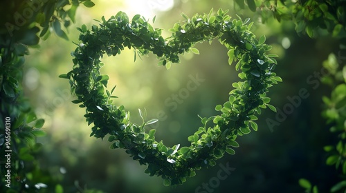 Heart-shaped leaf arrangement on a nature background, evoking love and romance