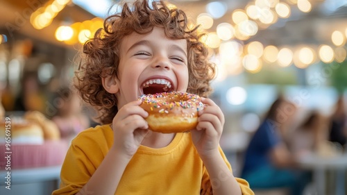 A kid excitedly devouring a doughnut at a festive birthday party.