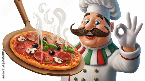 a cartoon of a chef with a pizza on it