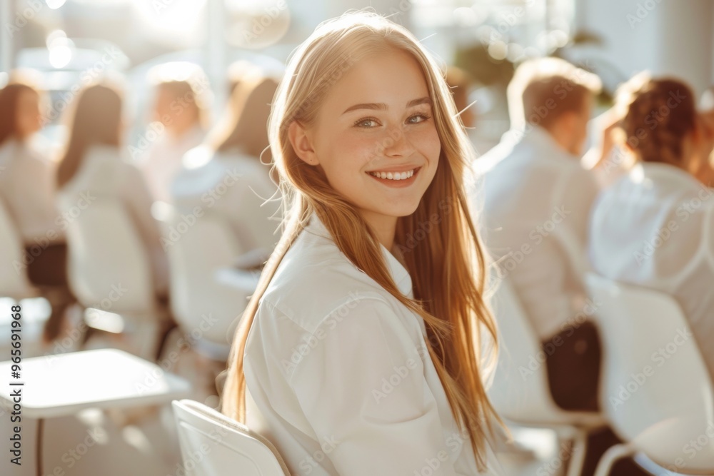Radiant Young Woman Smiling During Conference Event in Sunlit Room Radiant Young Woman Smiling During Conference Event in Sunlit Room