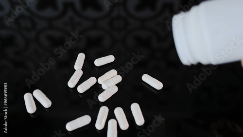 White pill capsules pours from a bottle onto a glass reflective surface, close-up, slow motion. Concept of medicine stocks, calculating the cost of tablets for treatment.
