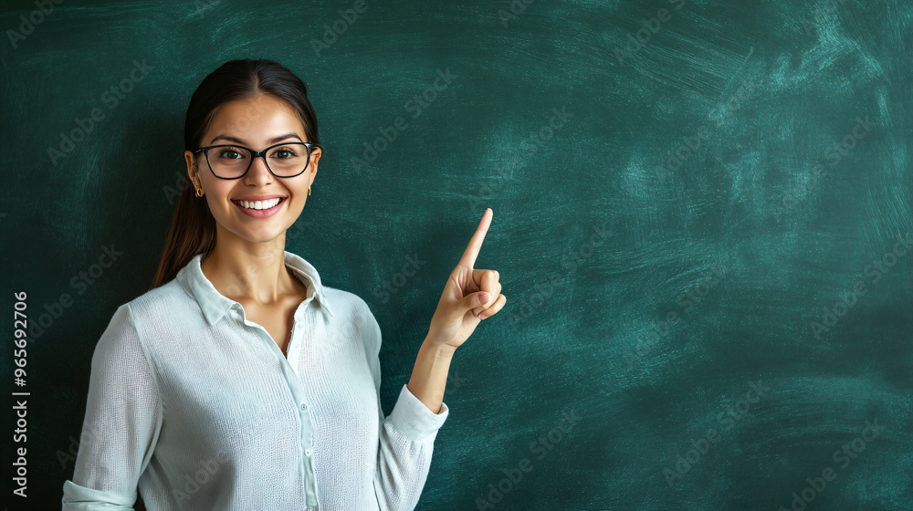 Teacher pointing and smiling at a blank chalkboard in a school classroom with space for text Teacher pointing and smiling at a blank chalkboard in a school classroom with space for text