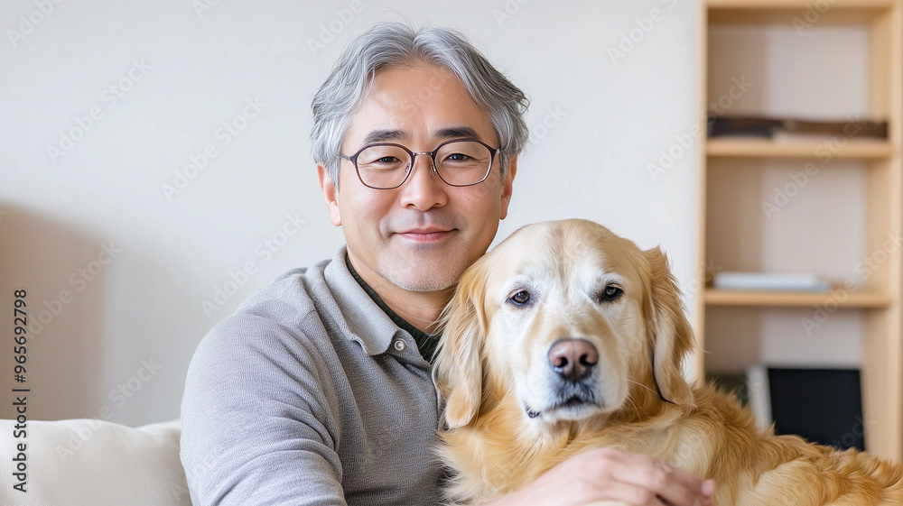 リビングで愛犬とくつろぐ男性 リビングで愛犬とくつろぐ男性