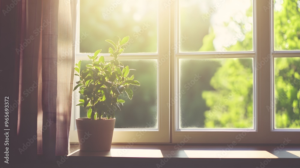 Fototapeta premium Sunlight Streaming Through Window with a Plant on the Sill