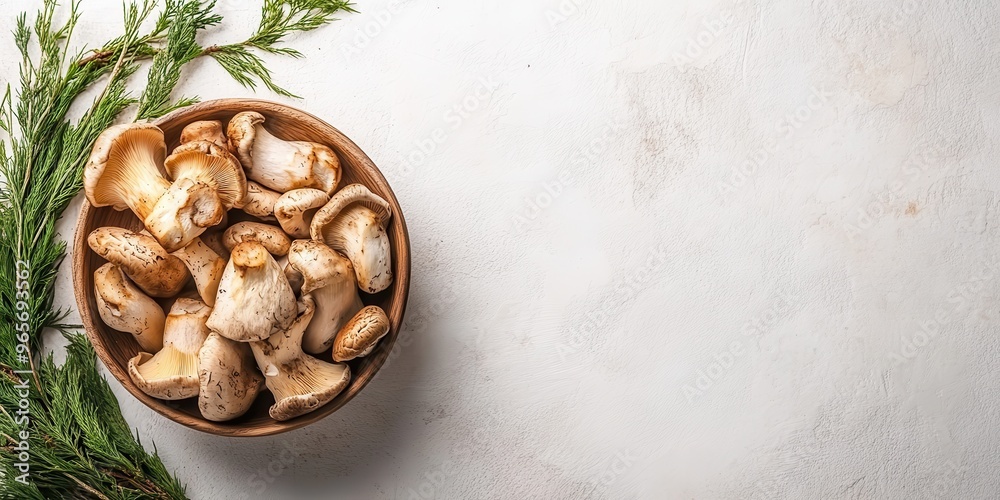 A wooden bowl filled with fresh, organic mushrooms surrounded by green herbs on a light background.