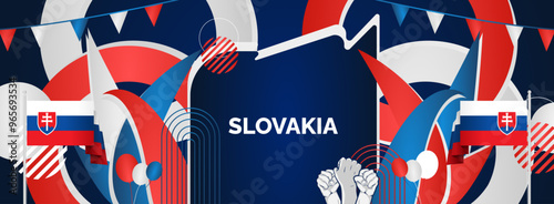 Slovakia national day modern banner. Wide abstract banner with typography, raised hands and country flags. Illustration background celebrating national holidays, Independence day and sporting events