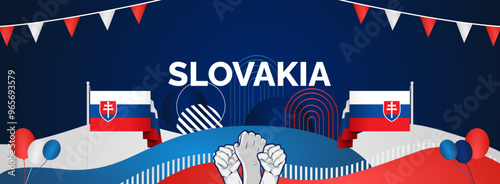Slovakia national day modern banner. Wide abstract banner with typography, raised hands and country flags. Illustration background celebrating national holidays, Independence day and sporting events