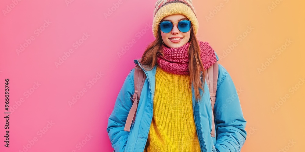 Fototapeta premium A young woman poses stylishly against a vibrant pink and orange wall, showcasing a trendy winter outfit with accessories.