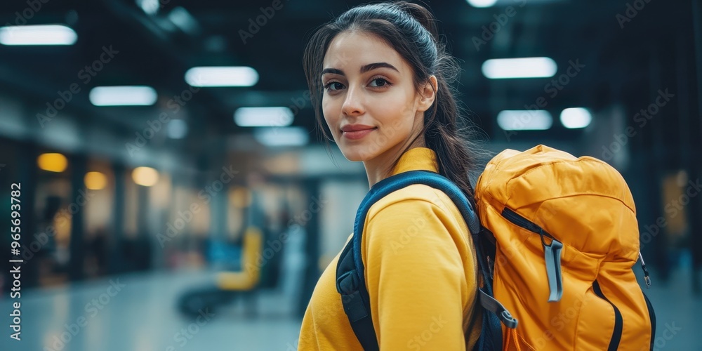 A young woman stands confidently with a yellow backpack in a modern indoor setting, radiating adventure and exploration. A young woman stands confidently with a yellow backpack in a modern indoor setting, radiating adventure and exploration.