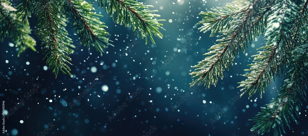 Background with pine tree branches and falling snow, green Tree branches dark blue background, with copy space for Text Background with pine tree branches and falling snow, green Tree branches dark blue background, with copy space for Text