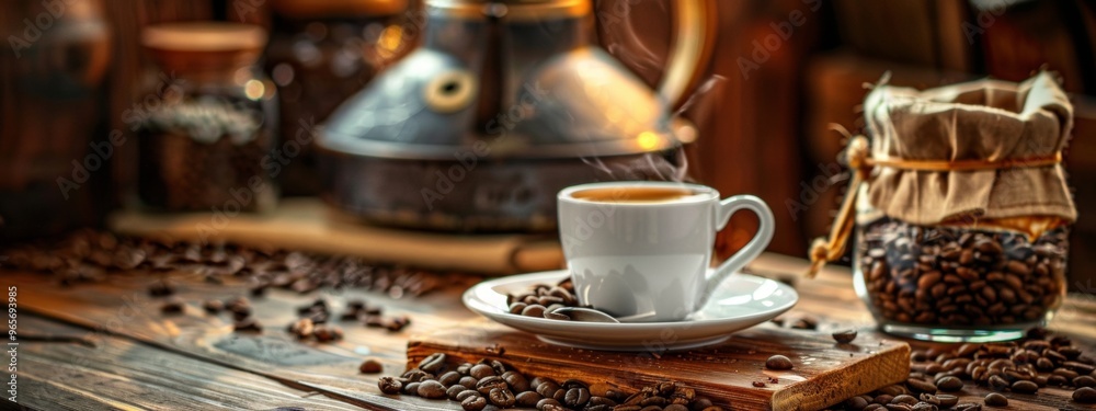 Steaming cup of coffee with roasted beans on rustic table Steaming cup of coffee with roasted beans on rustic table