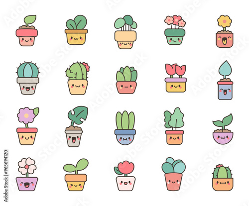 Cute kawaii flower pots. Adorable cartoon characters of home comfort. Hand drawn style. Vector drawing. Collection of design elements.