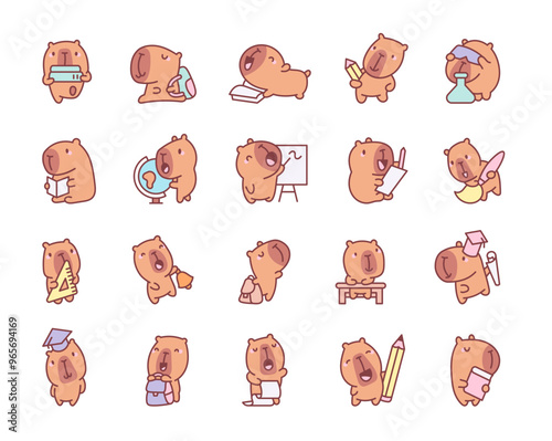 Funny cartoon capybara character at school. Cute animal studying. Hand drawn style. Vector drawing. Collection of design elements.