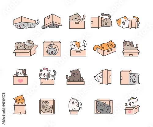 Cute cat in a box. Funny cartoon character poses. Hand drawn style. Vector drawing. Collection of design elements.