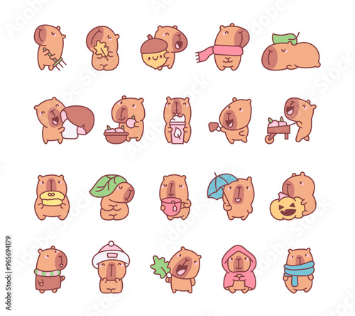 Happy capybara animal. Cartoon character in autumn day. Hand drawn style. Vector drawing. Collection of design elements.
