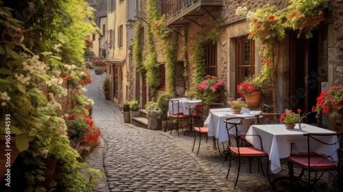 Charming European Street with Outdoor Cafe