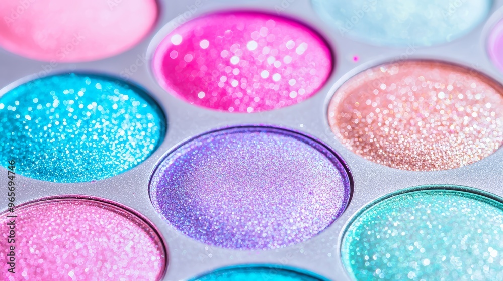 Close-up of a colorful eyeshadow palette with glittery, metallic shades, perfect for beauty, cosmetics, and vibrant fashion concepts Close-up of a colorful eyeshadow palette with glittery, metallic shades, perfect for beauty, cosmetics, and vibrant fashion concepts