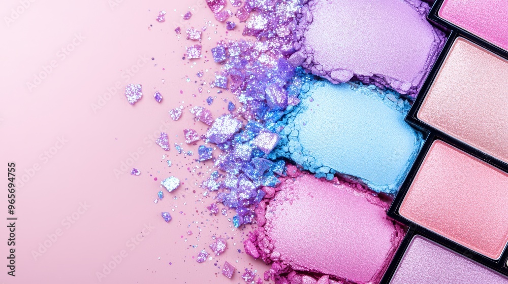 Close-up of a colorful eyeshadow palette with glittery, metallic shades, perfect for beauty, cosmetics, and vibrant fashion concepts Close-up of a colorful eyeshadow palette with glittery, metallic shades, perfect for beauty, cosmetics, and vibrant fashion concepts