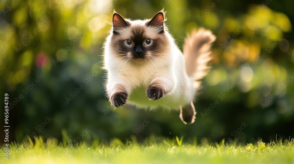 A cat leaps gracefully through the air in a vibrant outdoor setting. A cat leaps gracefully through the air in a vibrant outdoor setting.