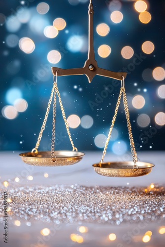 Close-up of a glowing gold balance scale, surrounded by shimmering bokeh lights, evoking themes of fairness, luxury, and financial harmony photo