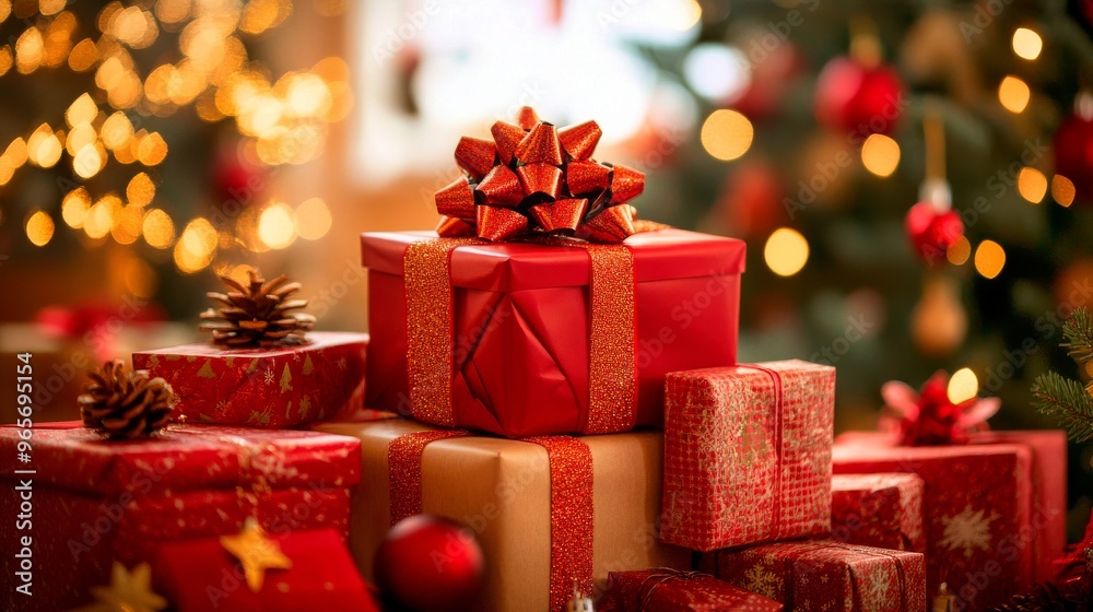 A vibrant stack of red and gold Christmas presents topped with a shiny red bow in front of a glowing Christmas tree, surrounded by festive pinecones and ornaments. A vibrant stack of red and gold Christmas presents topped with a shiny red bow in front of a glowing Christmas tree, surrounded by festive pinecones and ornaments.
